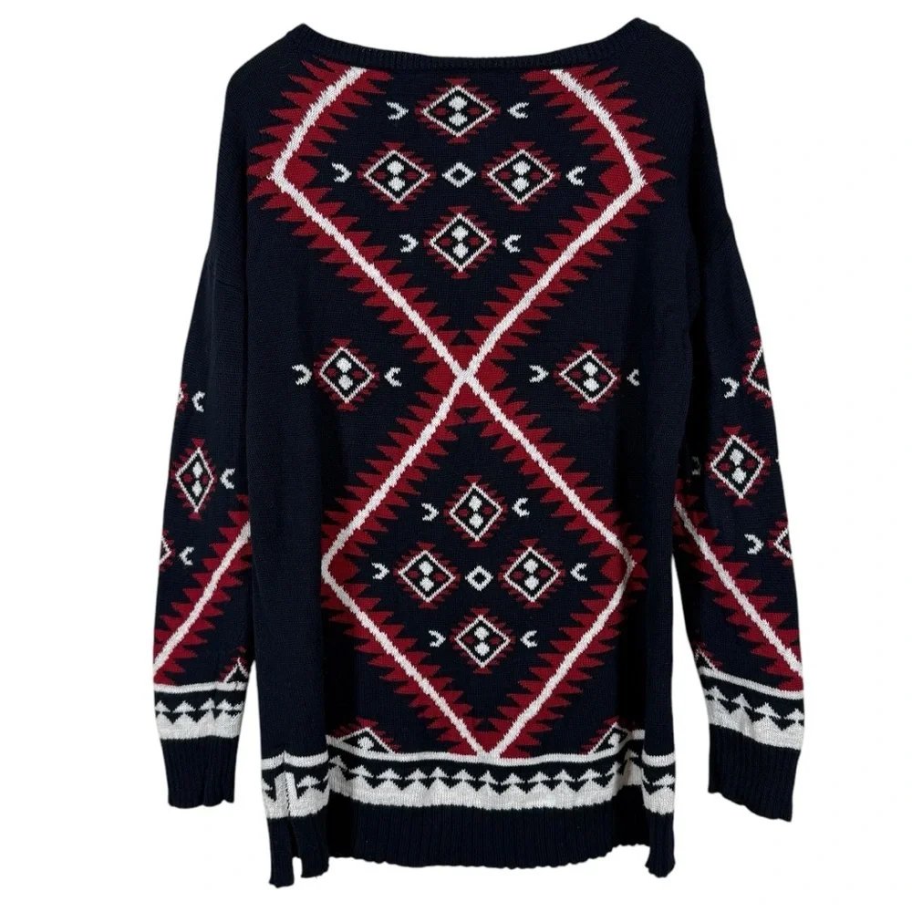 Lauren Ralph Lauren Navy and Red Aztec Print Cotton Long-Line Sweater Size L